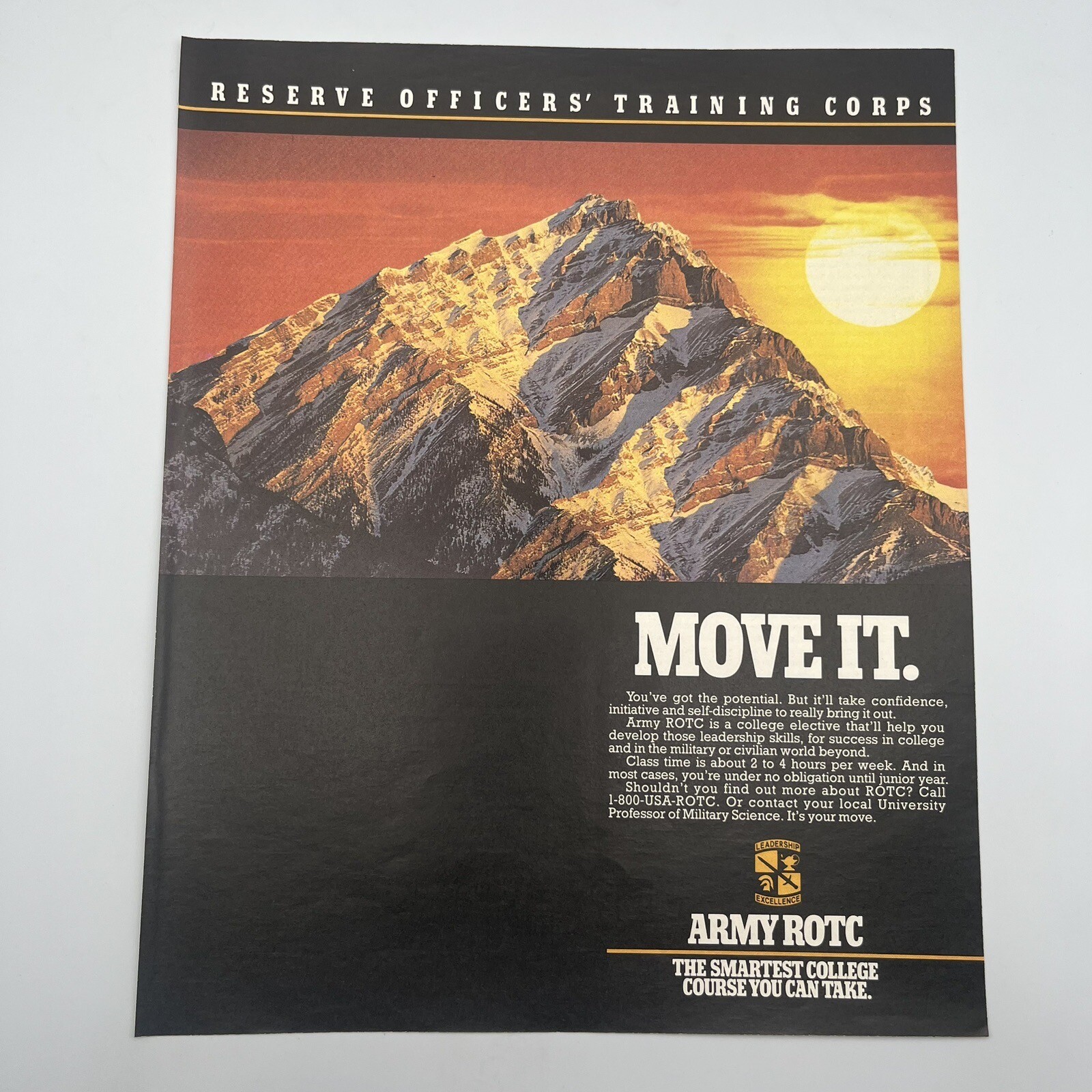 Army ROTC 1990 Vtg Print Ad 10″x12″ reserve officer recruiting move mountains