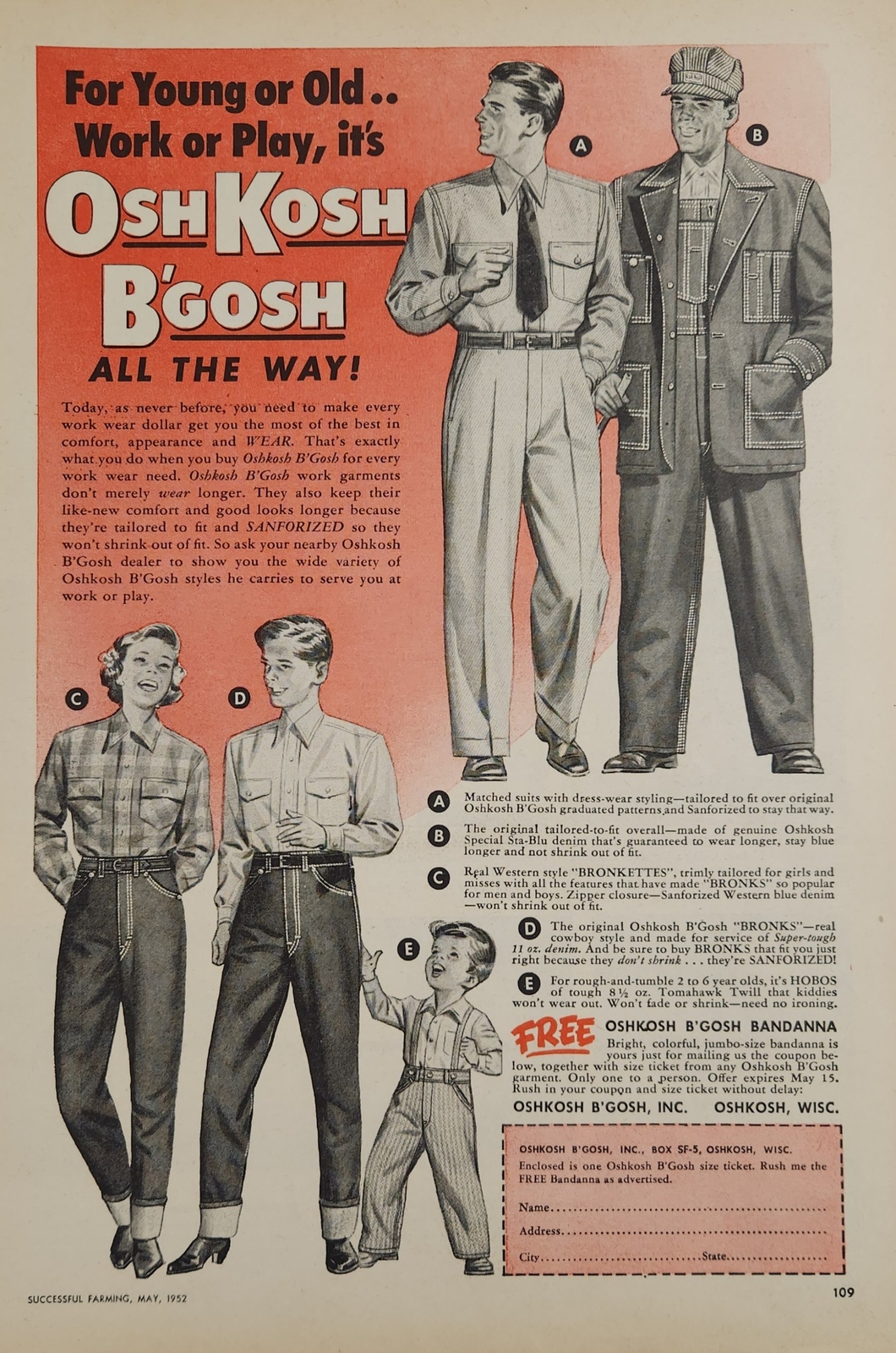 1952 Print Ad OshKosh B’Gosh Denim Clothes,Overalls,Work Clothes Oshkosh,WI