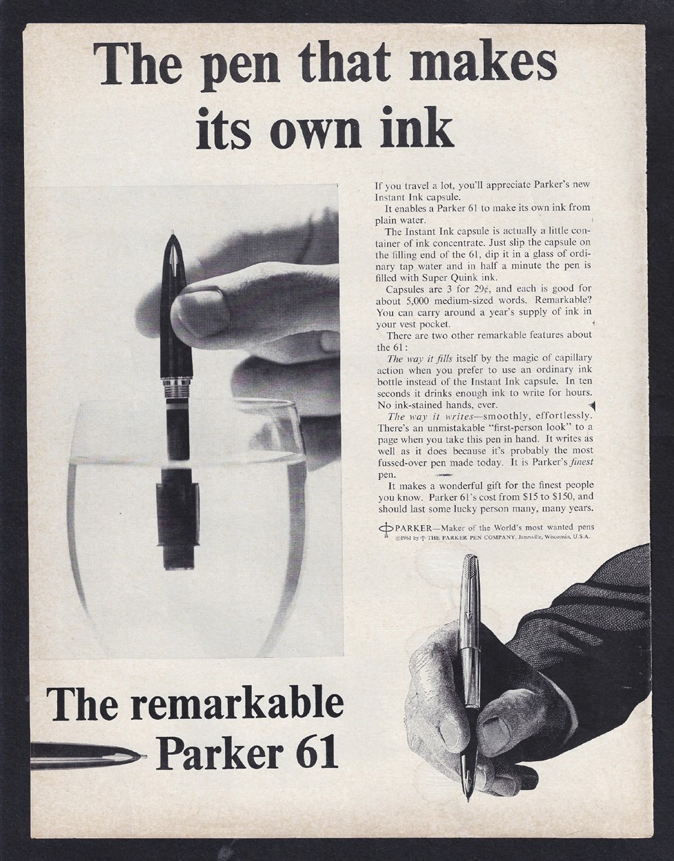 1961 PARKER 61 Instant Ink Pen Print Ad “The pen that makes its own ink”