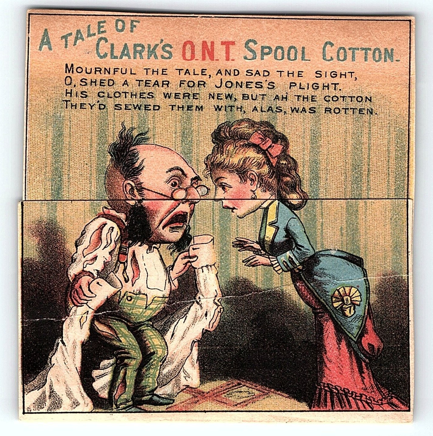 c1880 CLARK’S SPOOL COTTON A TALE OF FOLDING STORY VICTORIAN TRADE CARD Z1365