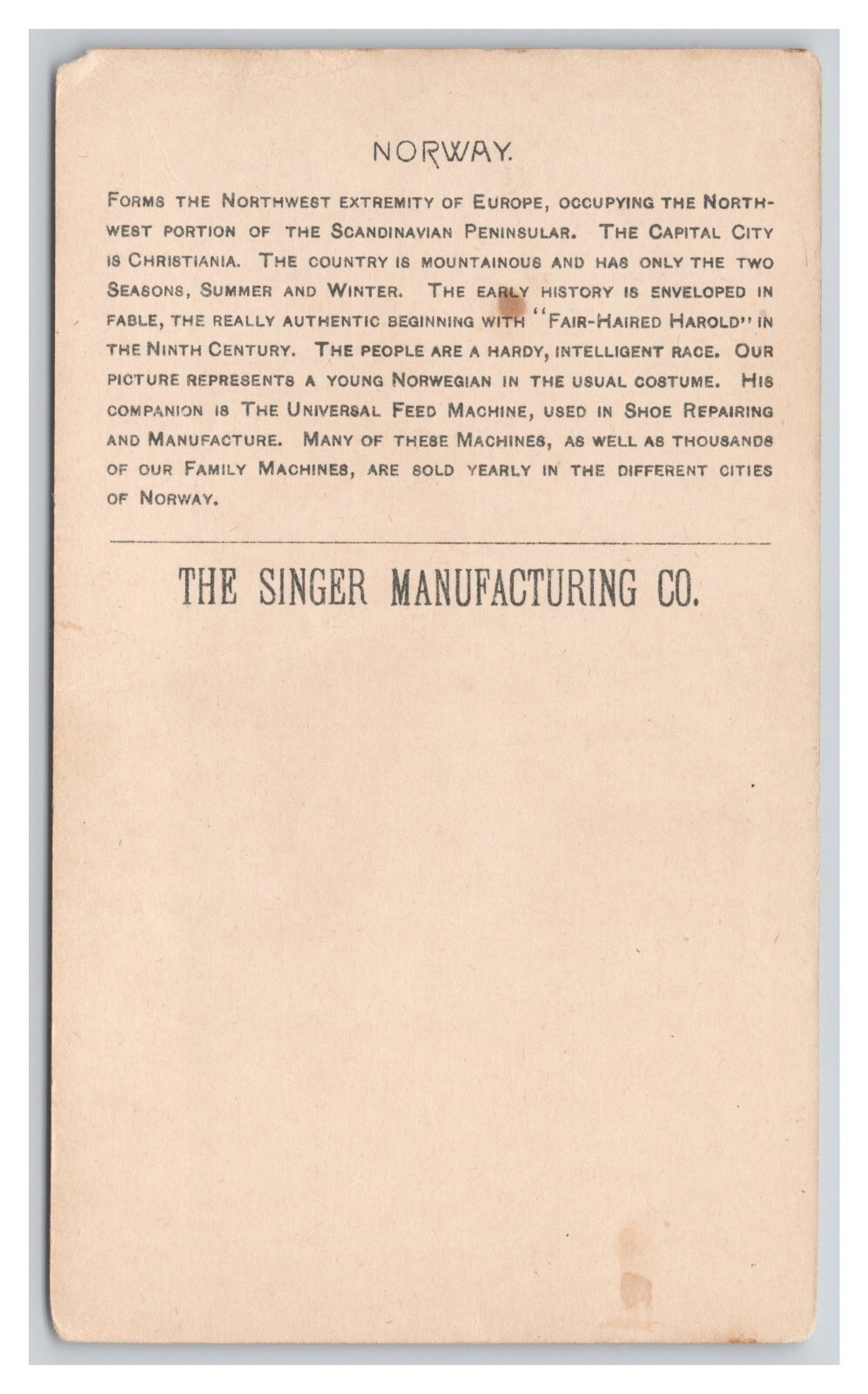 The Singer Manufacturing Co. NORWAY Vintage ©1892 Advertising Trade Card