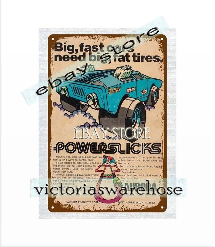 1970 slot car toy retrotoy Powerslicks big fast cars tires metal tin sign