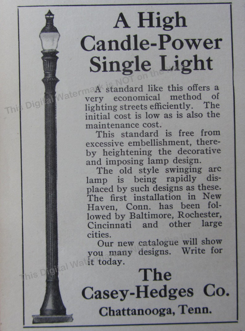 1915 Ad Casey-Hedges Co Chattanooga New High Candle Power Sgl Light Street Post