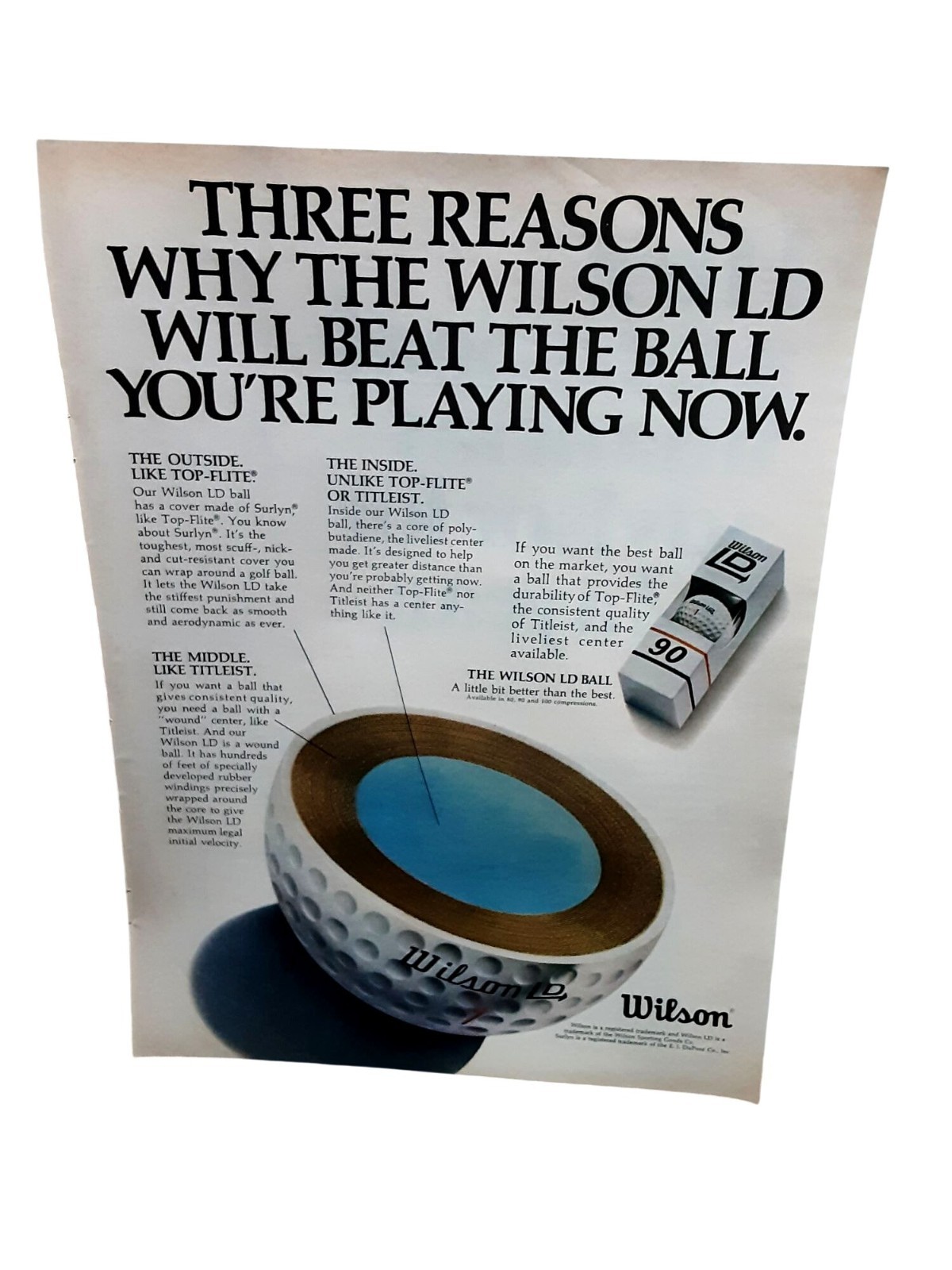 1973 Wilson LD Golf Ball Vintage Print Ad Cutaway Sports Advertising