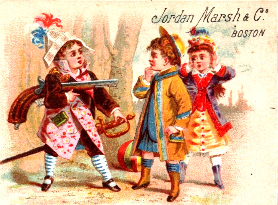 Jordan Marsh & Co BOSTON Children Playing Hold Up Big Gun Victorian Trade Card