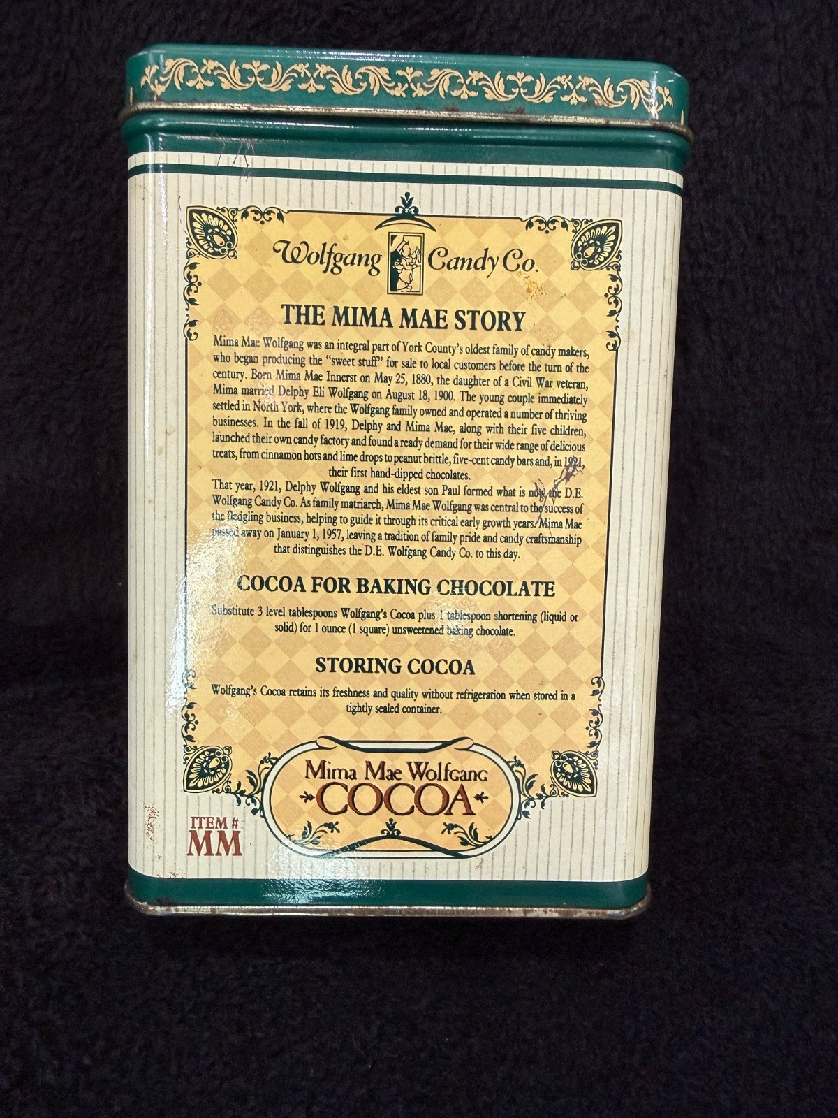 Vintage Mima Mae Wolfgang Cocoa 14oz. Collectors Tin Empty