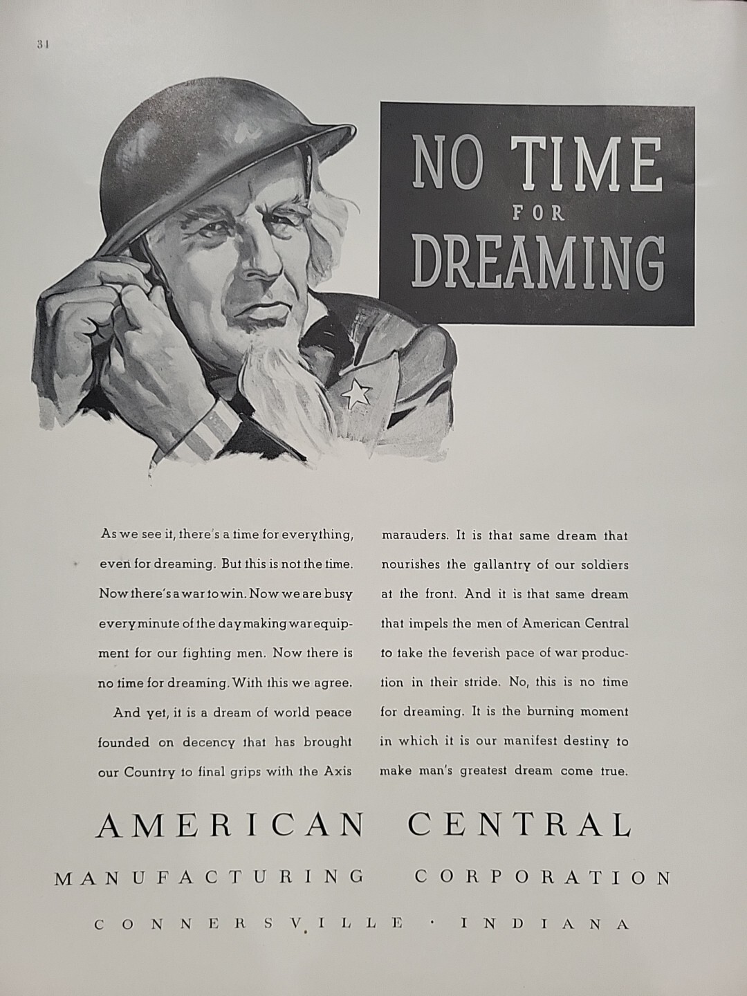 1942 American Central Manufacturing Fortune WW2 Print Ad Q3 Uncle Sam Soldier