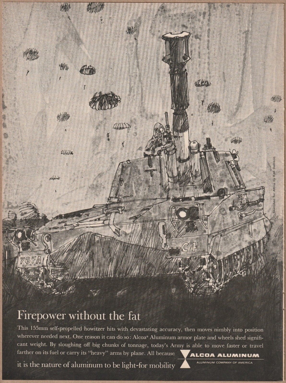 1962 US Army Tank Armored with Alcoa Aluminum Vintage Print Ad No Fat Firepower