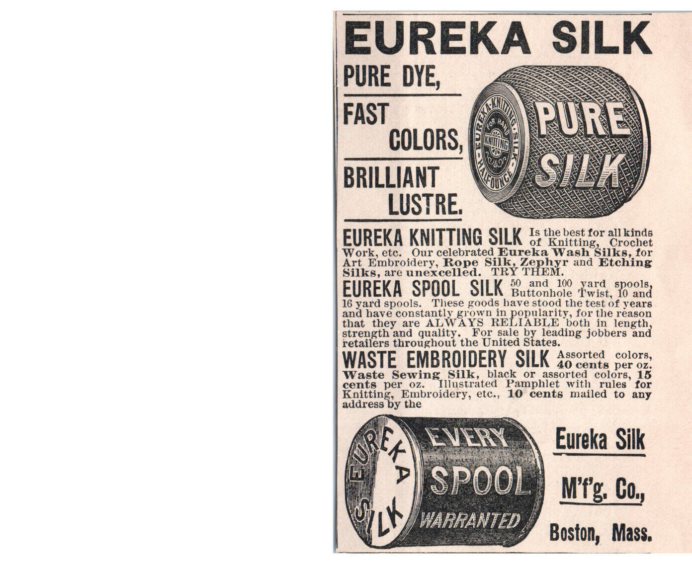 1890 Eureka Silk Pure Knitting Embroidery Original Print AD