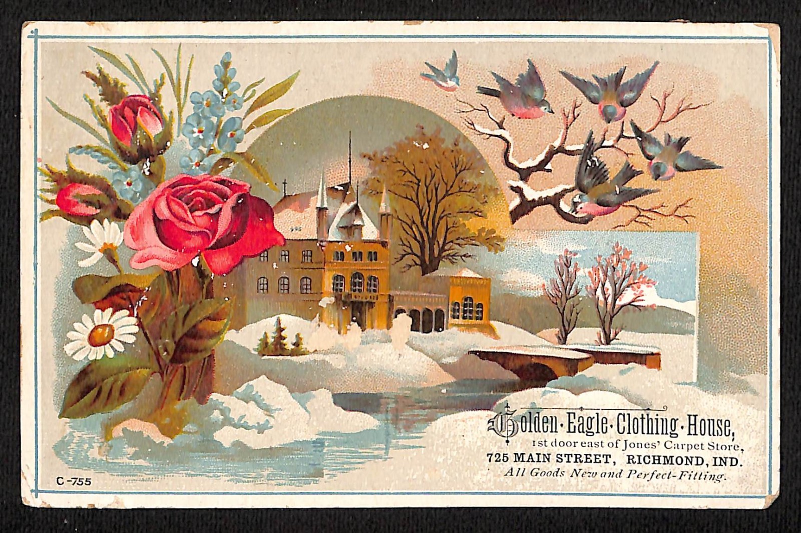 Golden Eagle Clothing House Richmond IN Victorian Trade Card Winter Church Scene