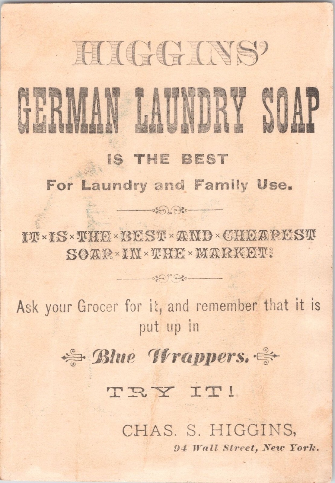 Victorian Trade Card – Higgins’ German Laundry Soap – Chas. Higgins – New York