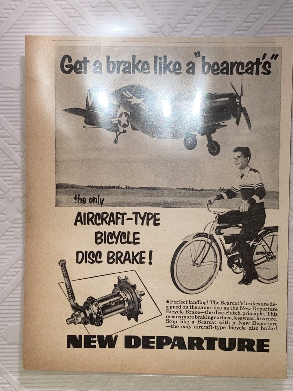 1953 New Departure Bicycle Print Ad Get a Brake Like a “Bearcat’s” Aircraft Type