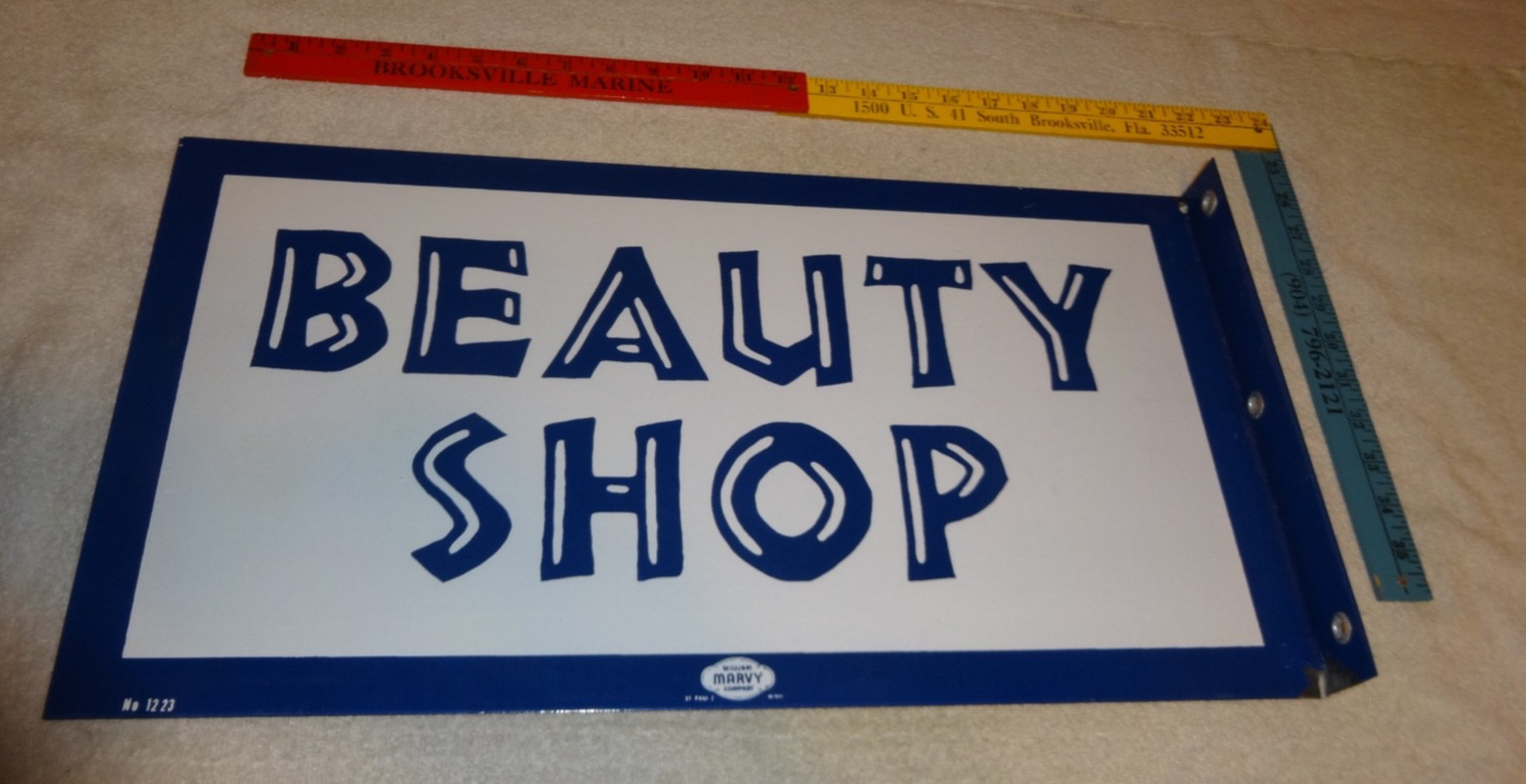VINTAGE ORIGINAL NOS MARVY BEAUTY SHOP BARBER 22.5″ PORCELAIN METAL FLANGE SIGN!