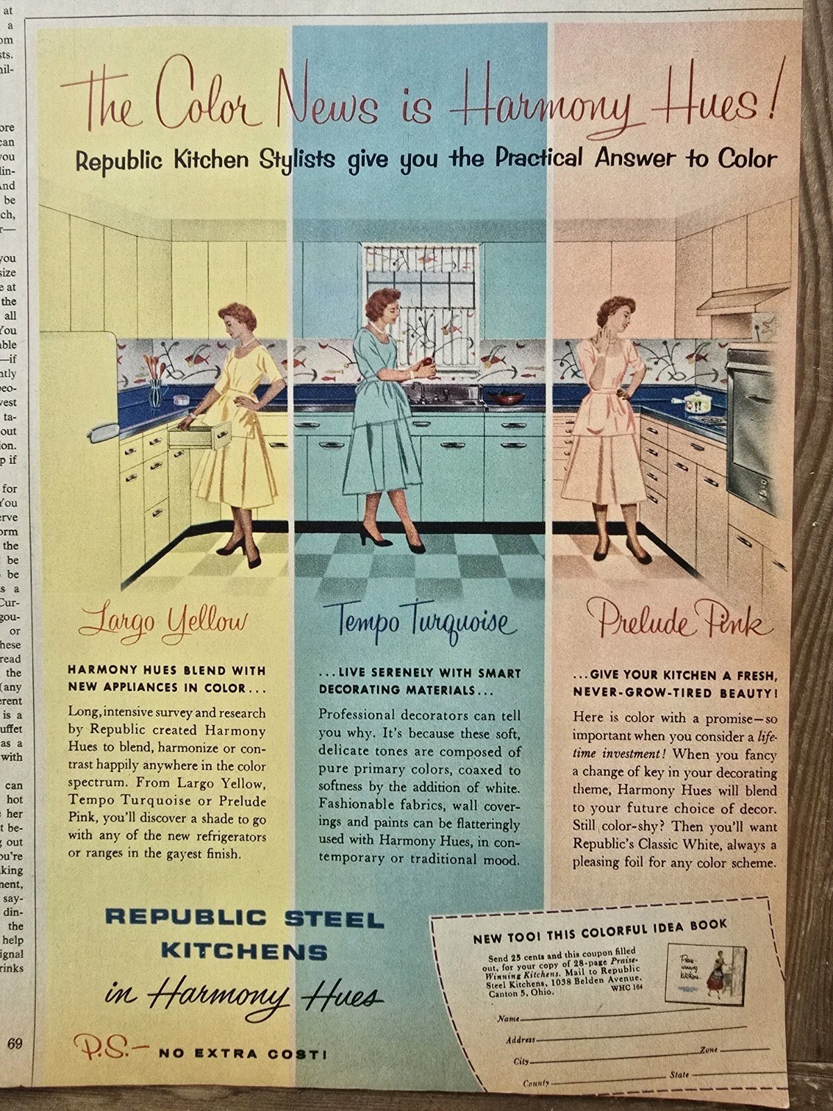 1956 Republic Steel Kitchens In Harmony Colors yellow turquoise pink Vintage Ad