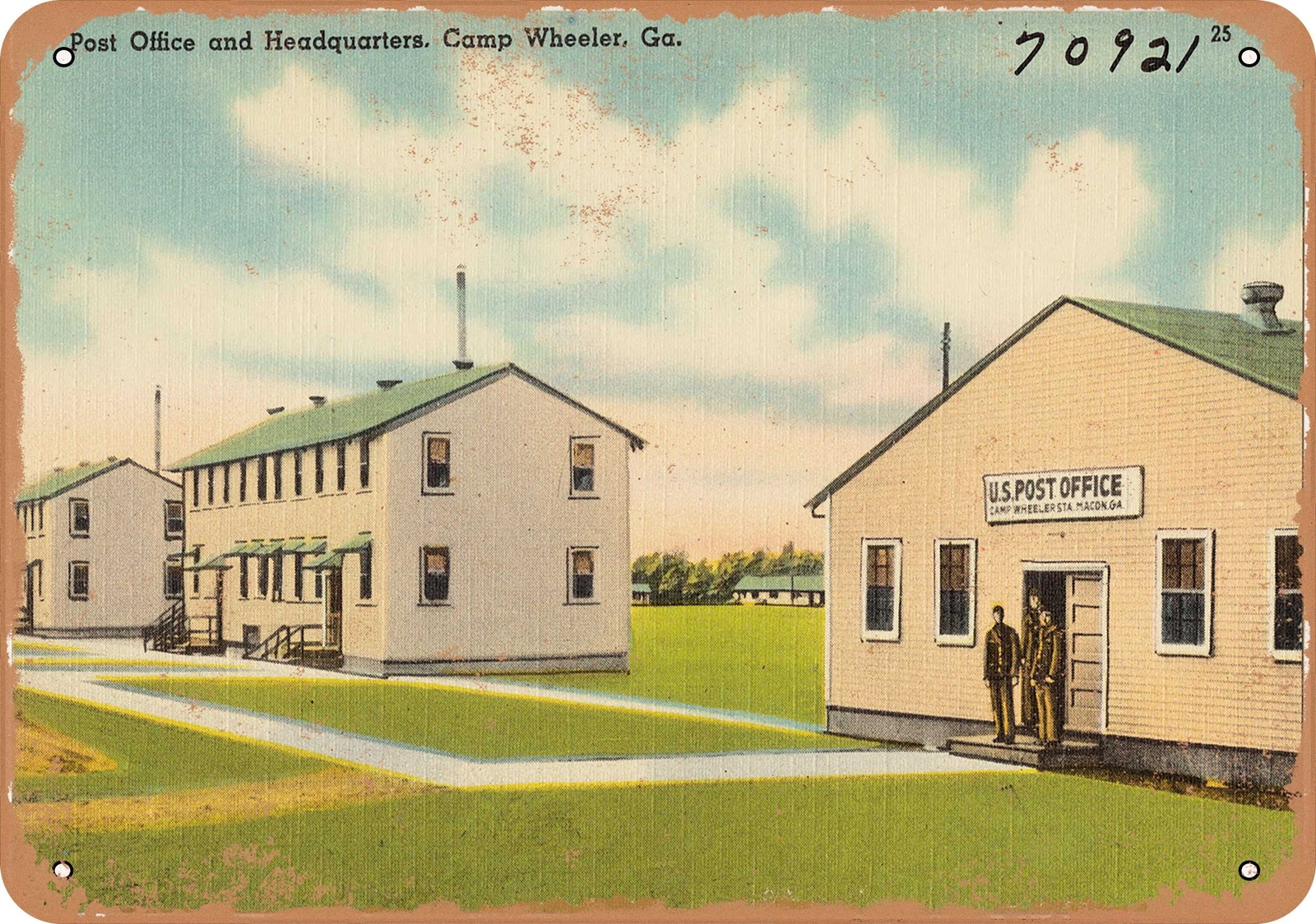 METAL SIGN – Georgia Postcard – Post Office and headquarters, Camp Wheeler, Ga.