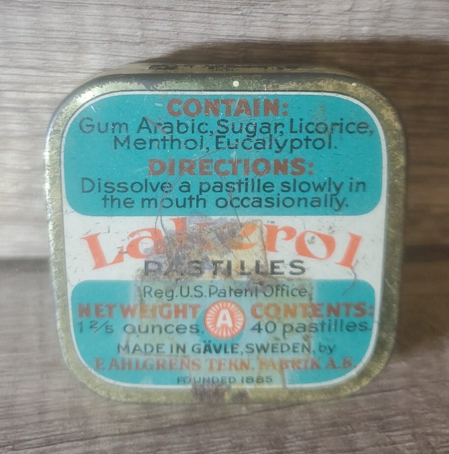 Vintage Antique Lakerol Throat Pastilles Tin