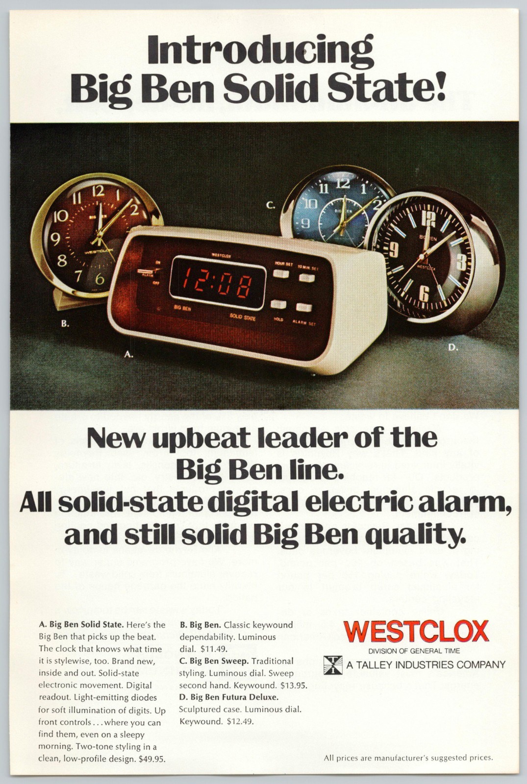 1974 Westclox Vintage Print Ad: Big Ben Solid State Digital Alarm Clocks
