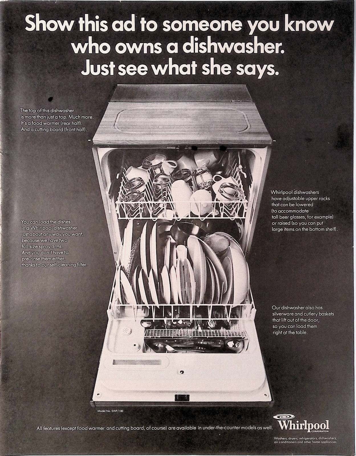 1971 Whirlpool Dishwasher Just See What She Says Vintage Print Ad Life April 9