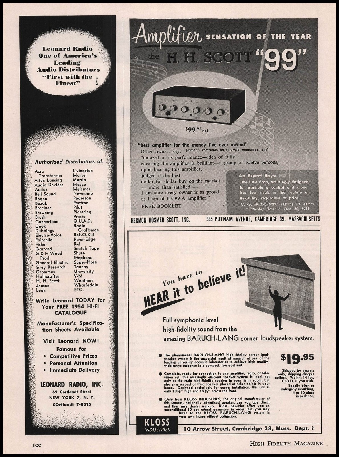 1954 Kloss Industries Cambridge Massachusetts Baruch-Lang Loudspeakers Print Ad