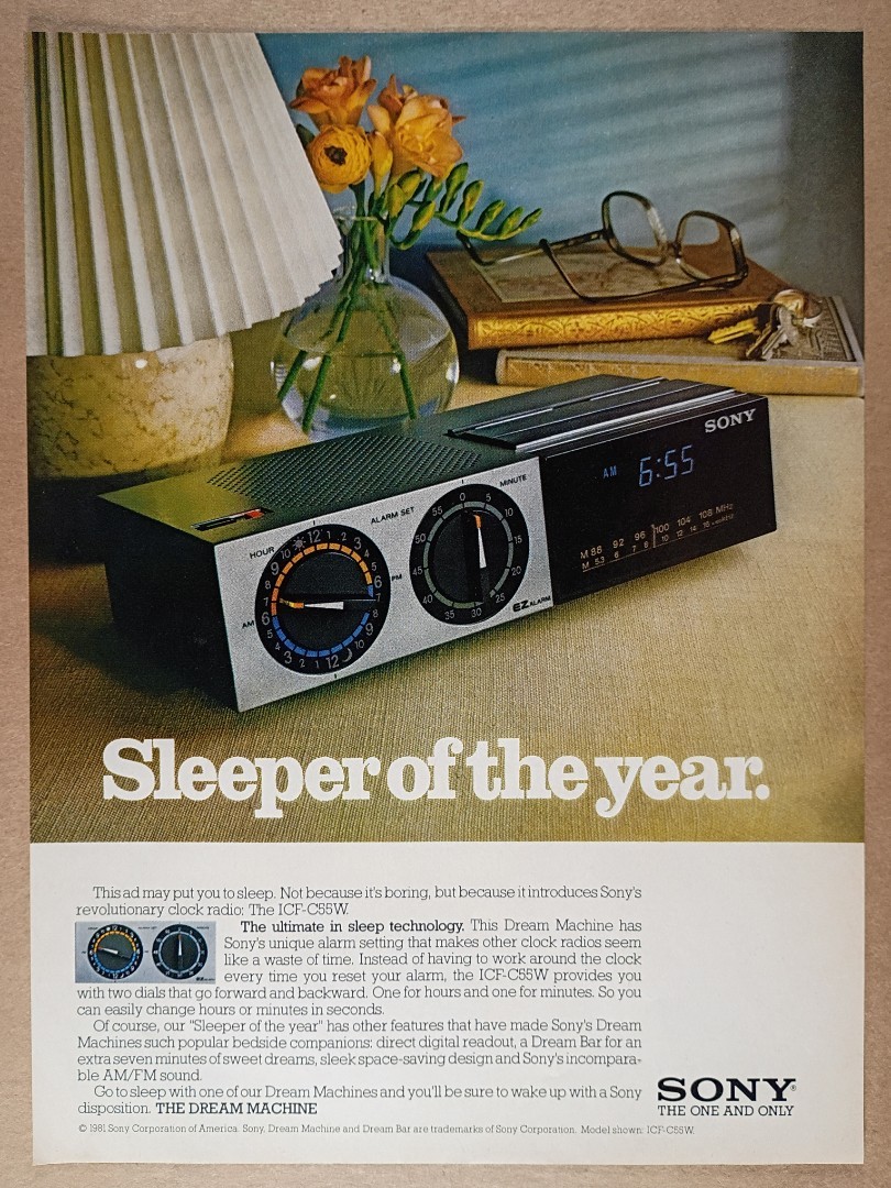 1982 Sony ICF-C55W Dream Machine Clock Radio vintage print Ad