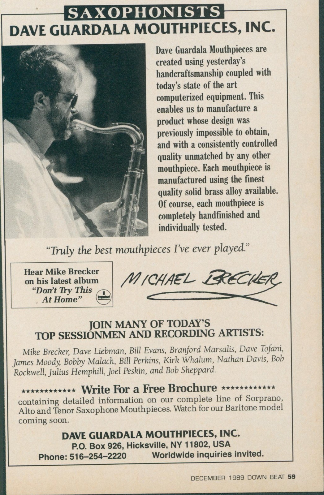 1989 Dax Guardala Mouthpieces Saxophones Mike Brecker Endoresement Ad DB1