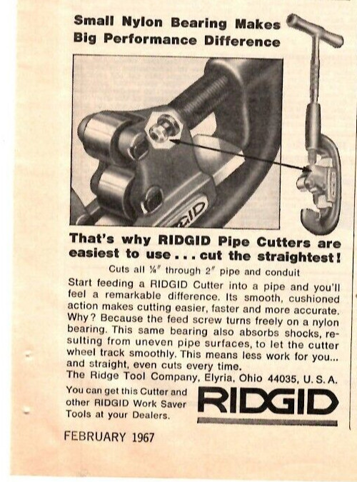 1967 Print Ad Ridgid Pipe Cutters Easiest Cut the Straightest Tool