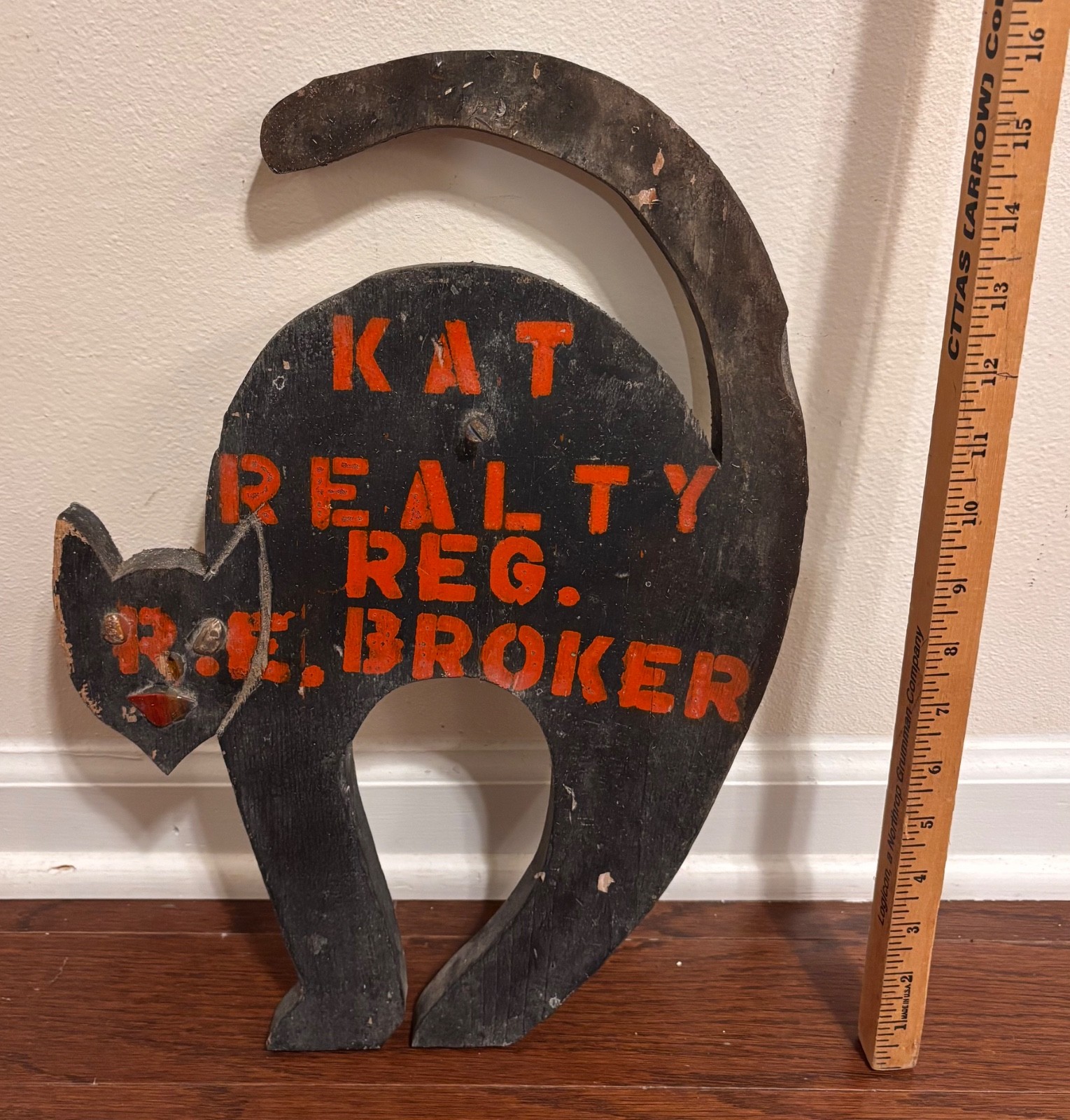1930s Vtg Folk Art BLACK CAT Kat Realty OCCUPATIONAL SIGN Real Estate Halloween