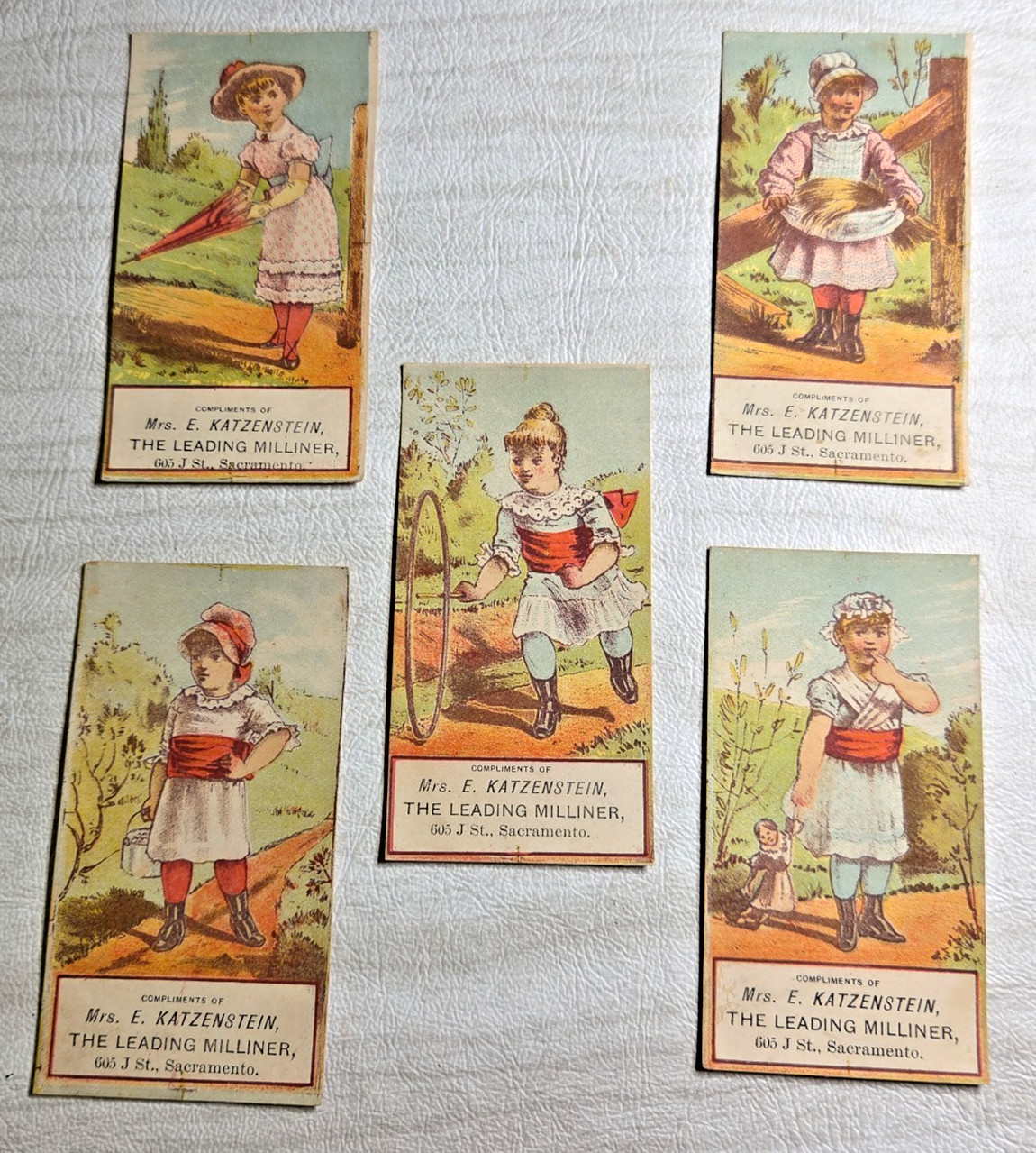 Lot 5 Victorian Trade Cards Mrs E Katzenstein Milliner Hat Shop Sacramento CA