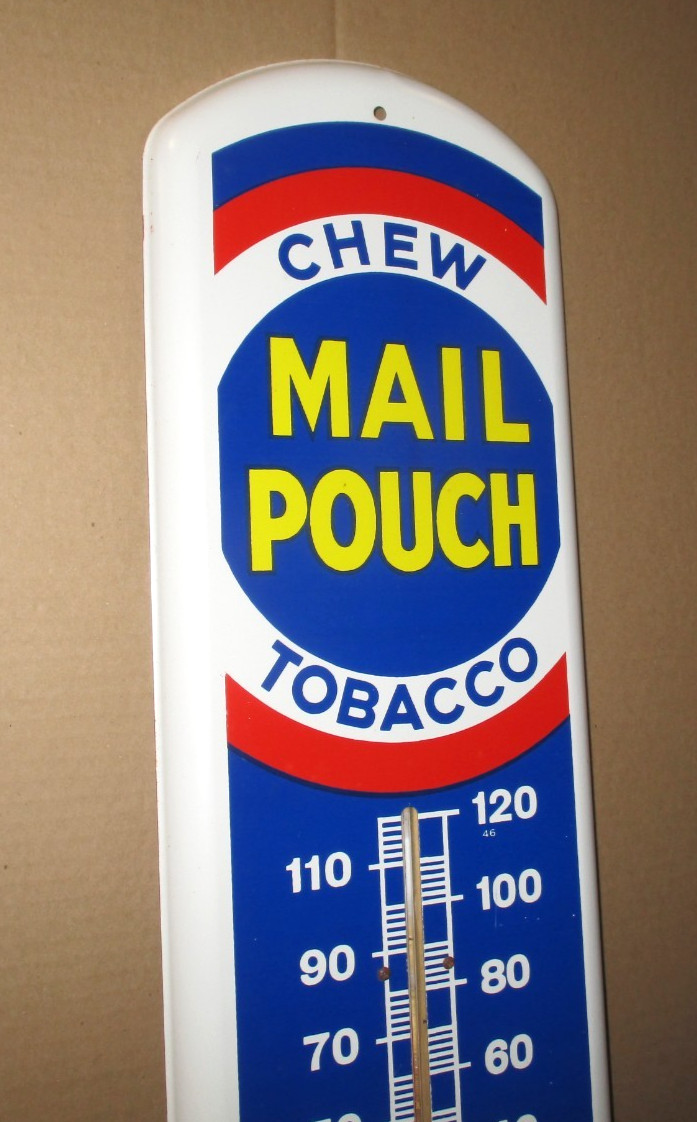 MAIL POUCH TOBACCO — VINTAGE Country Gas Station W VA Thermometer Sign BIG SIZE