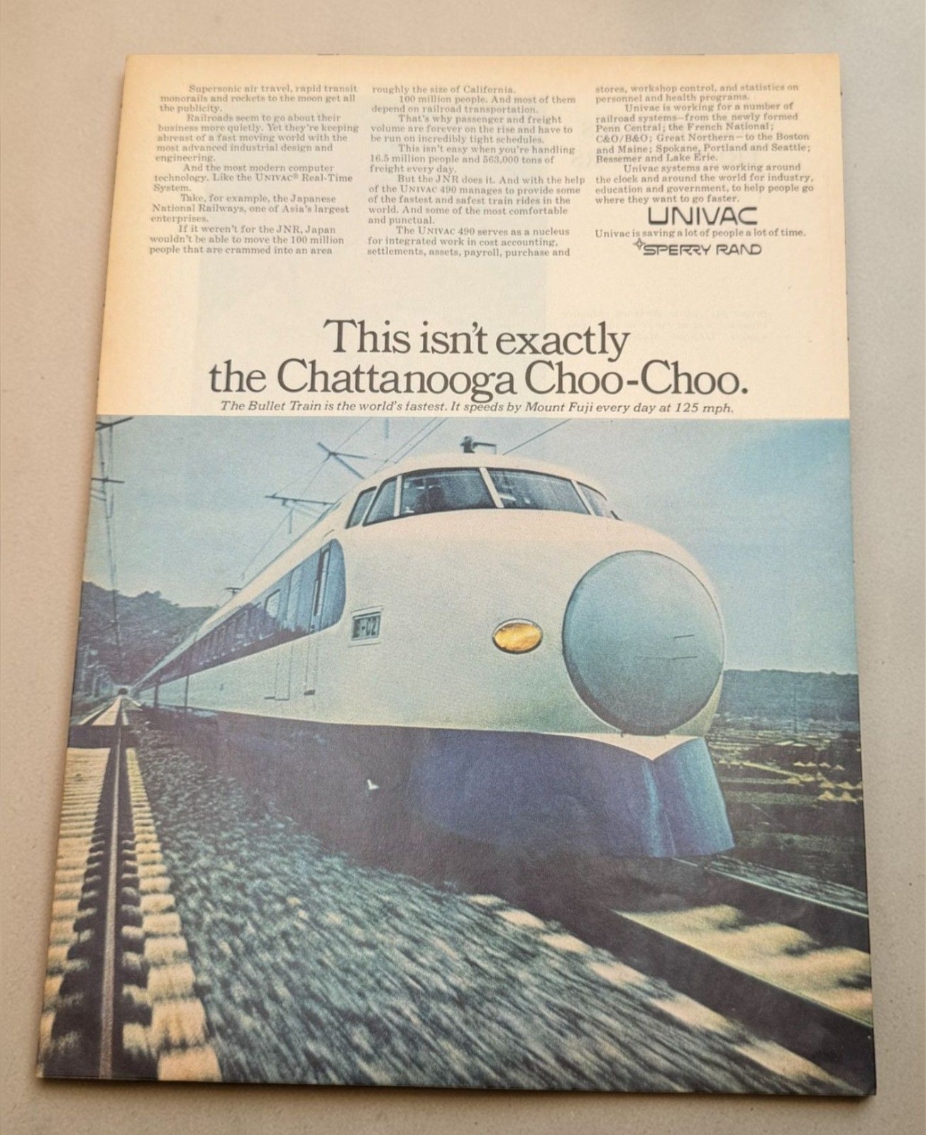 Sperry Rand Bullet Train Vintage Print Ad 1960s UNI VAC Japan Mt Fuji Transport