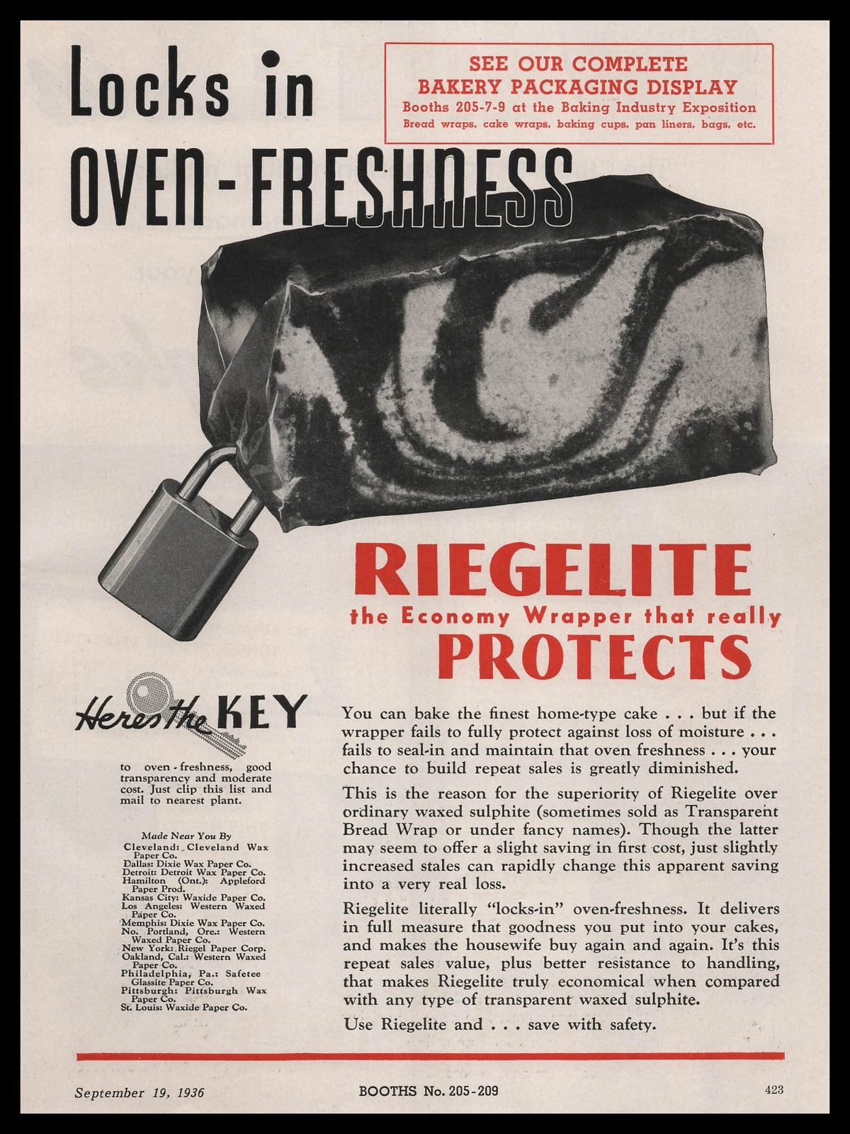 1936 Cleveland Wax Paper Co. Riegelite Transparent Bread Wrap Vintage Print Ad
