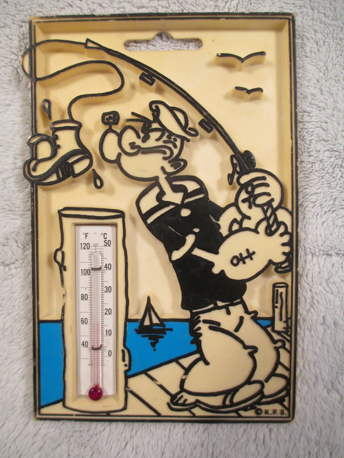 VINTAGE POPEYE FISHING WALL THERMOMETER 6 1/2″ X 4 1/4″