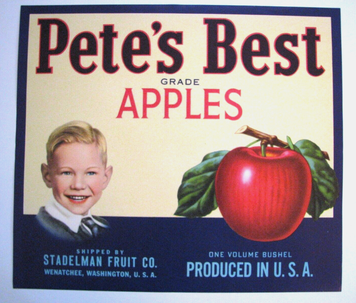 Original PETE’S BEST apple crate label Stadelman Fruit Co Wenatchee WA smiling