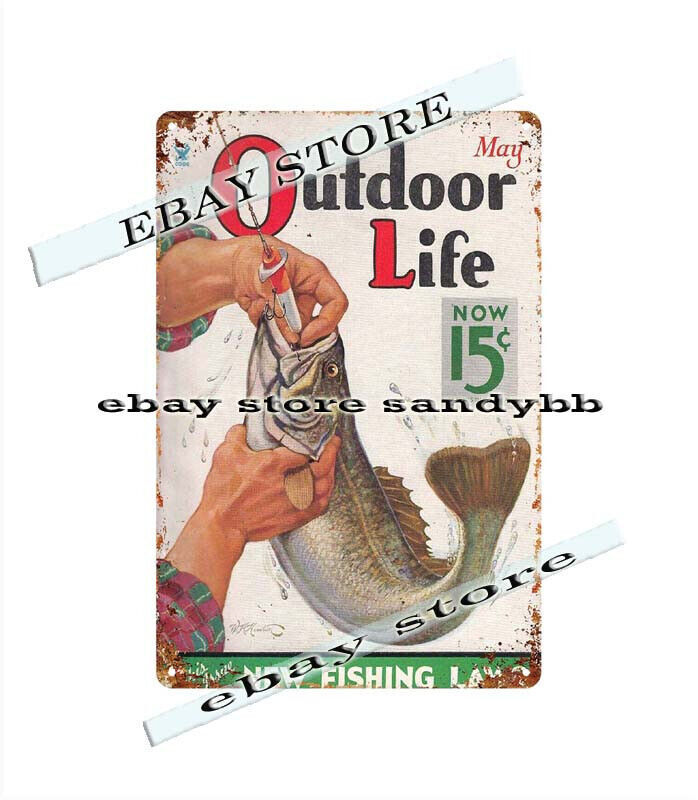 1935 OUTDOOR LIFE magazine fishing art metal tin sign master bedroom decor