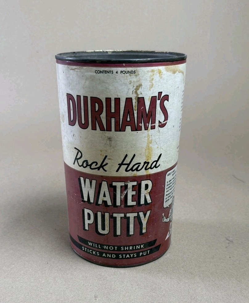 Vintage Durham’s Rock Hard Water Putty Metal Can 4 Pounds Red Advertising USA
