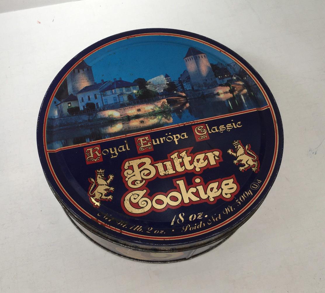 Vintage royal Europa classic Maurice Lenell blue graphics cookie tin