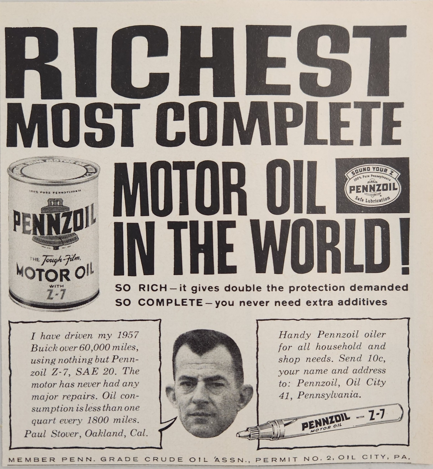 1961 Print Ad Pennzoil Motor Oil Richest Most Complete in the World Oil City,PA
