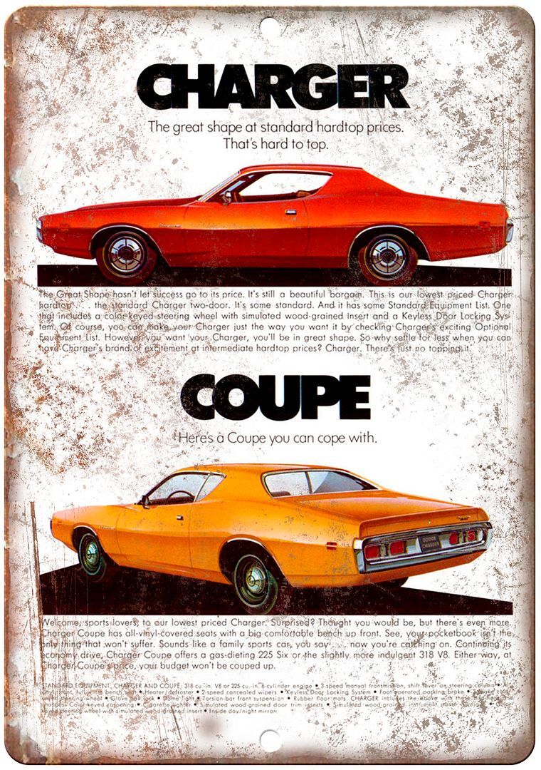 Dodge Charger Coupe Vintage Car Ad Reproduction Metal Sign A220