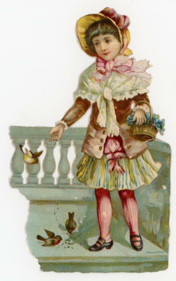 1880’s Girl Feeding Birds School Bonnet Die Cut Victorian Scrap X314