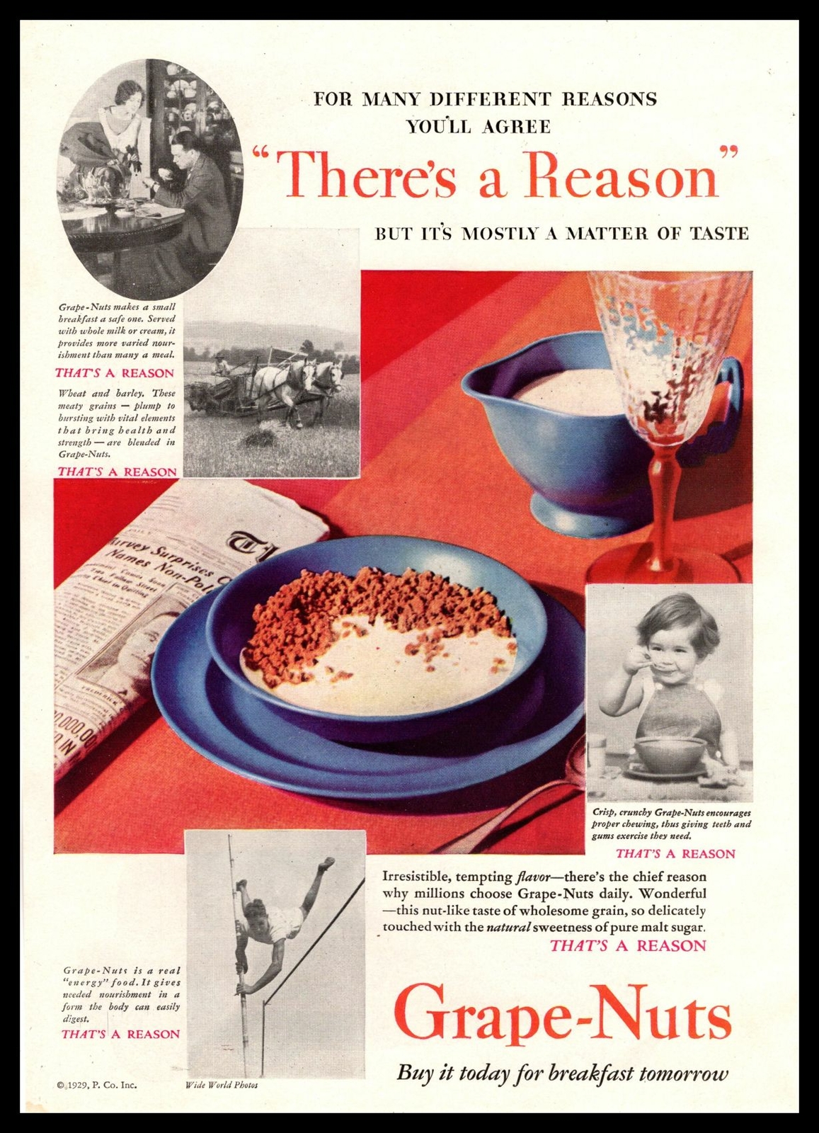 1929 Grape Nuts Breakfast Cereal Pole Vaulter Photo “There’s A Reason” Print Ad