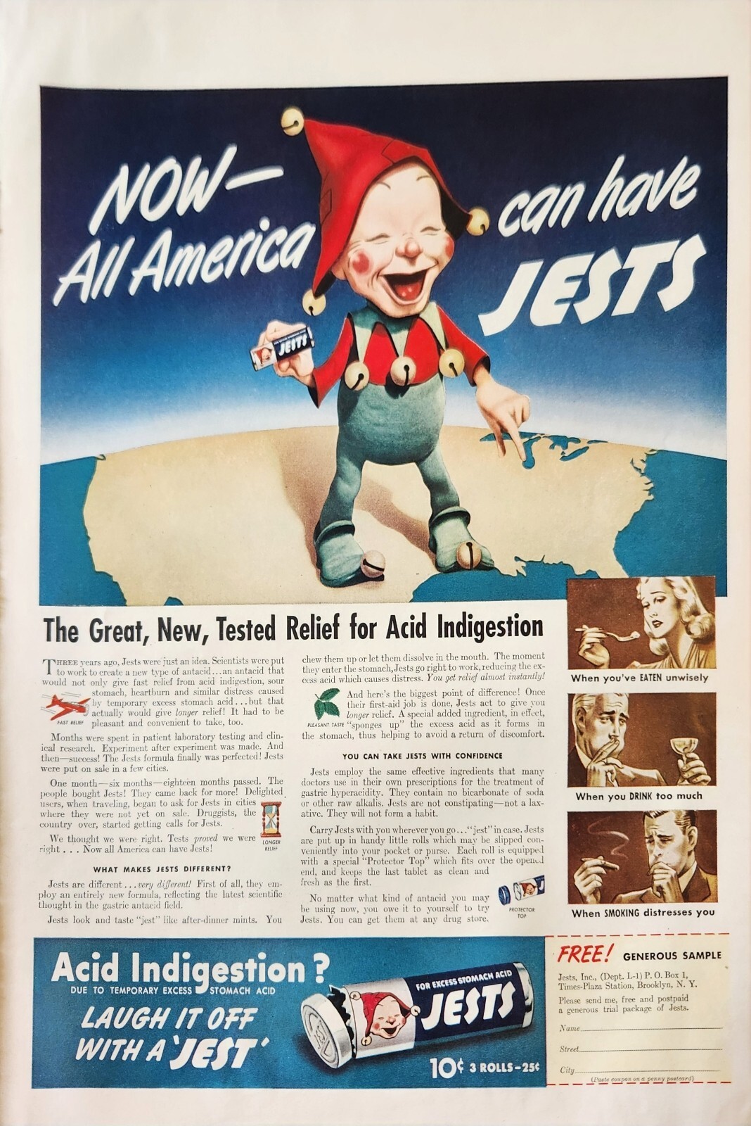 1940 Jests Tablets for Acid Indigestion Vintage Ad Now all America can have
