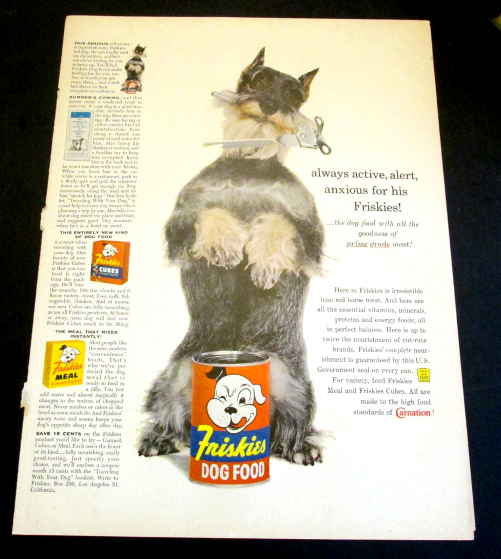 Friskies Dog Food Red Horse Meat Carnation VTG Print Ad Backside Jergens Lotion