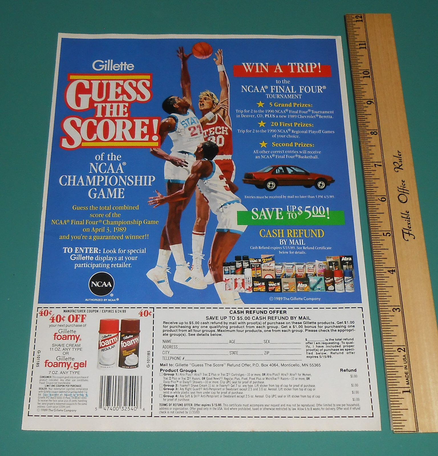 Vtg 1989 Gillette Win Chevy Beretta Basketball Shaving Coupon Circular Print Ad