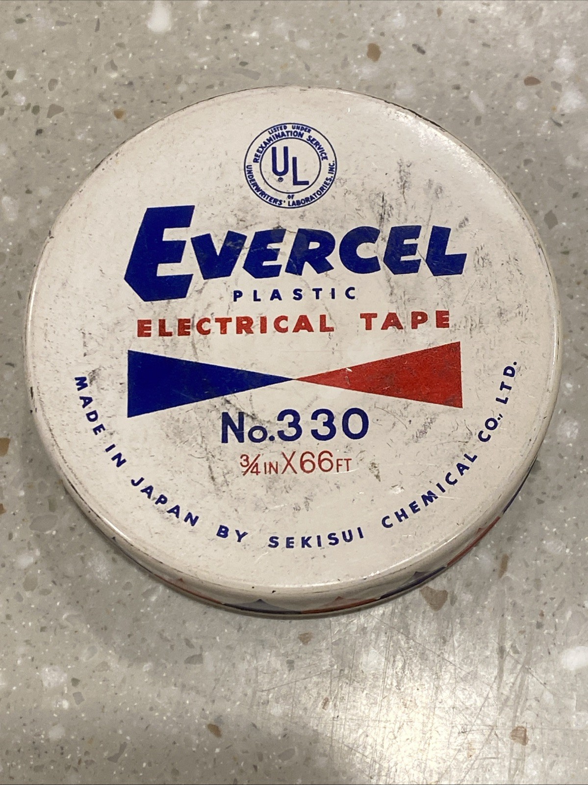 Vintage Evercel electrical tape No.330 round tin red white and blue
