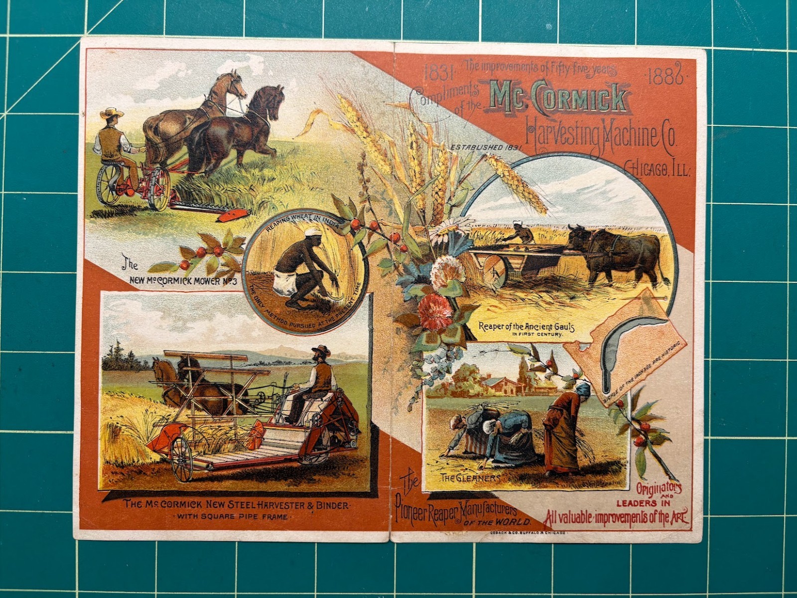 McCormick Harvesting Machine Co trade card folder; old way and new way