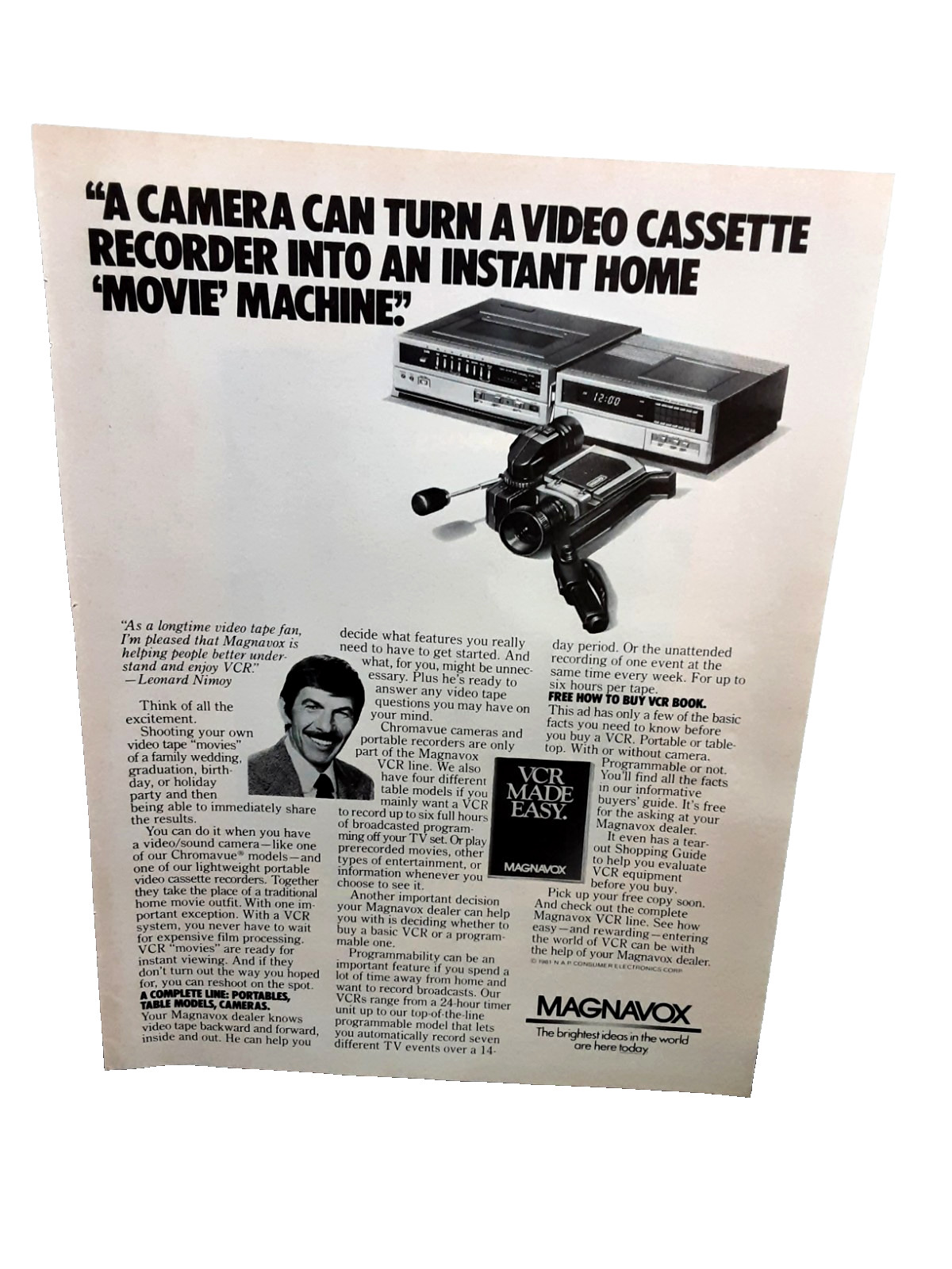 1981 Magnavox VCR Ad Leonard Nimoy Home Movie Machine Vintage Print Ad Spock