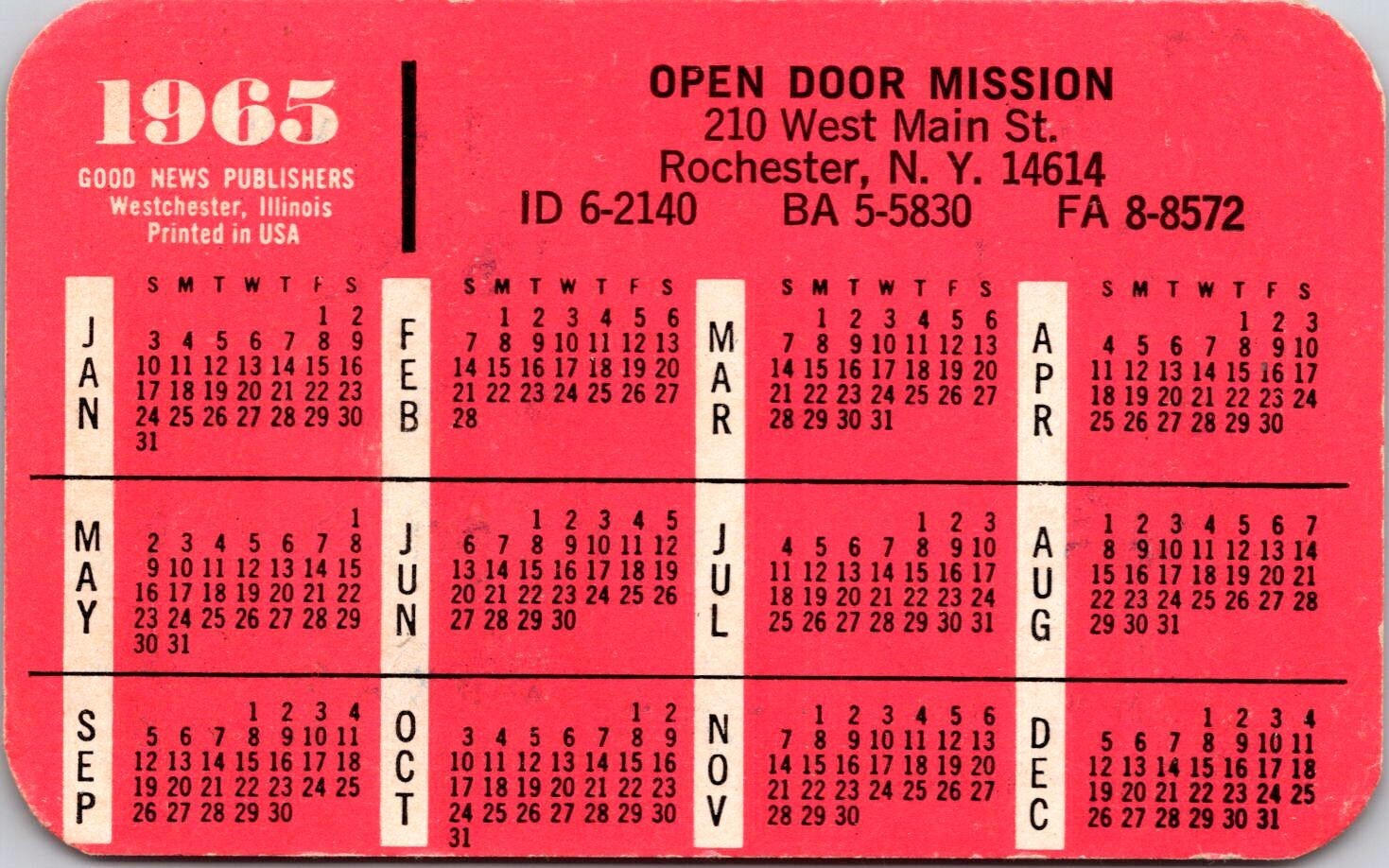 1965 Rochester NY Open Door Mission Calendar Wallet Card Good News Publishers