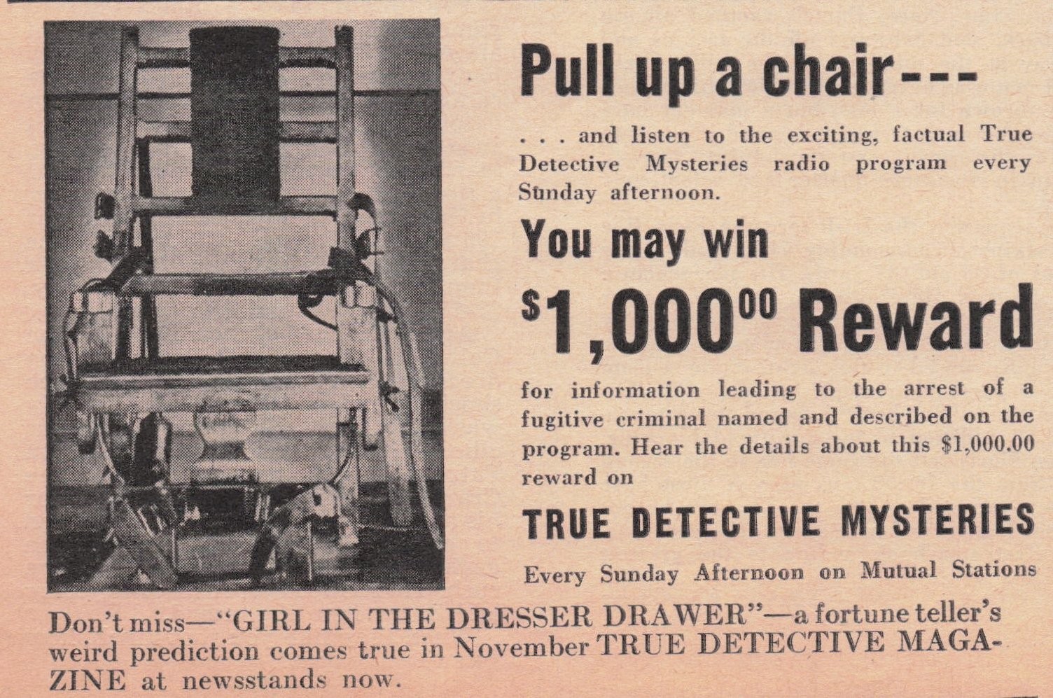 Vintage True Detective Mysteries Radio Show Ad 1950s Electric Chair