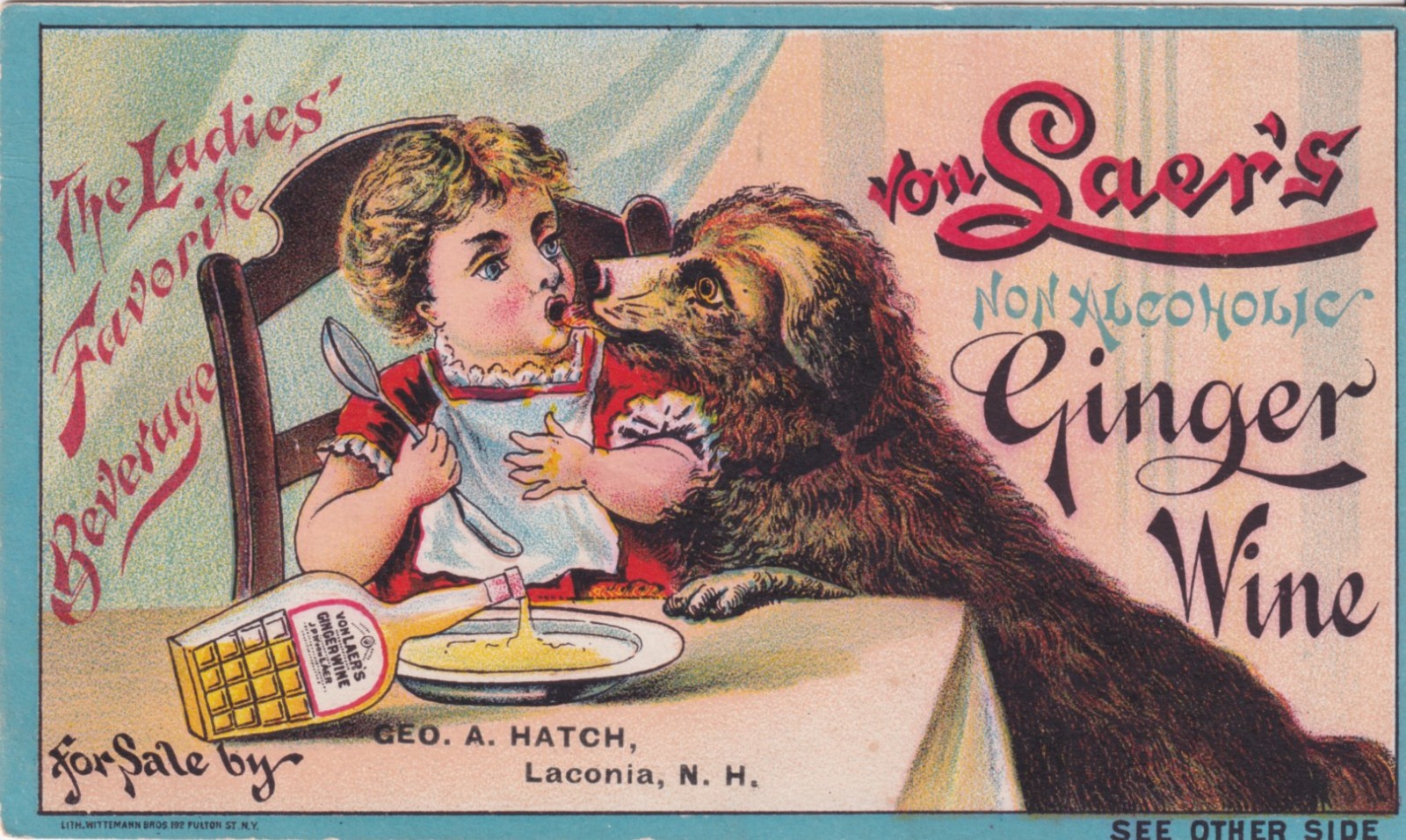 c.1900 Von Laer’s Ginger Wine Trade Card Ad Temperance Quack Medicine Dog & Girl