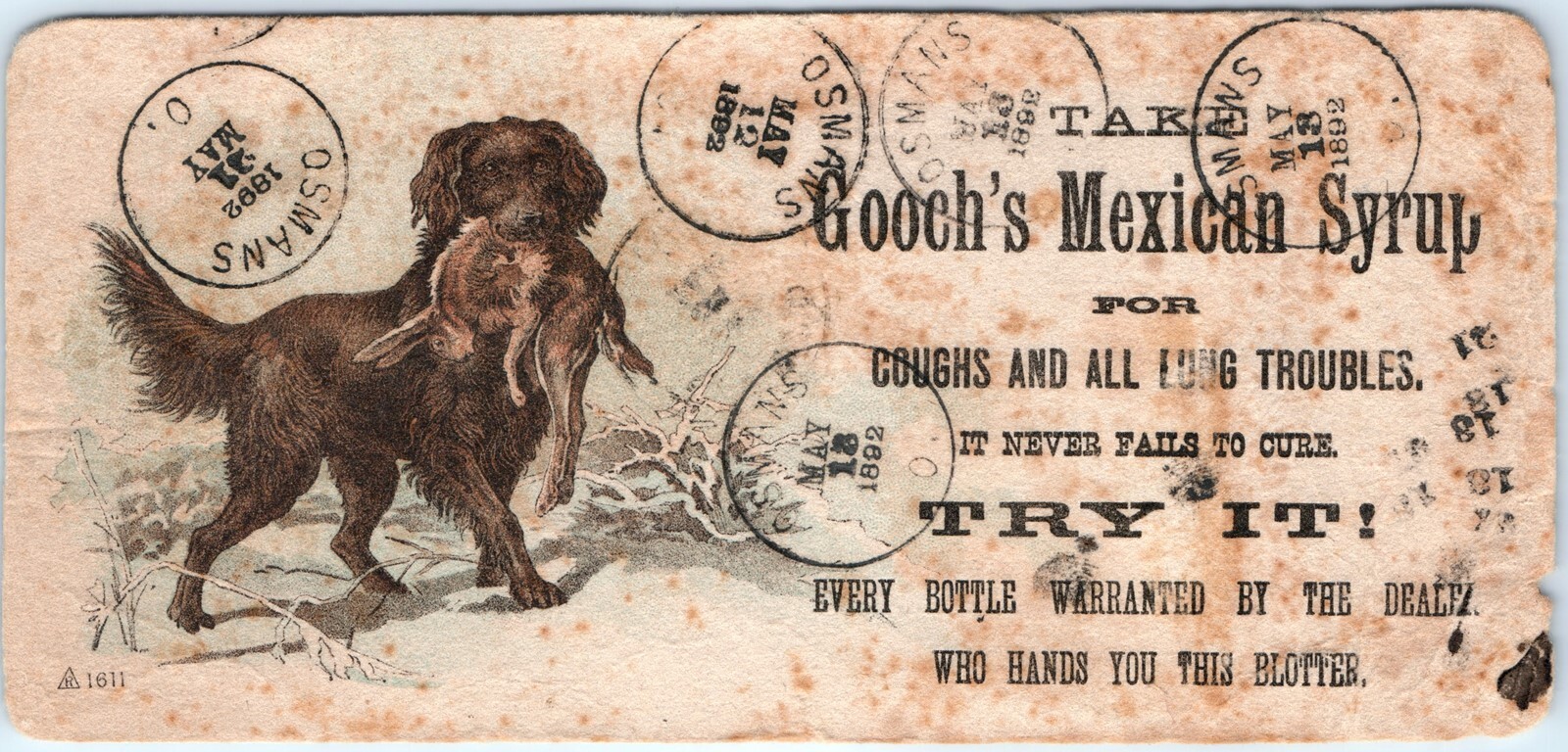 1892 Osmans, Ohio Ghost Town Post Office Cancel Gooch’s Blotter Trade Card 5S